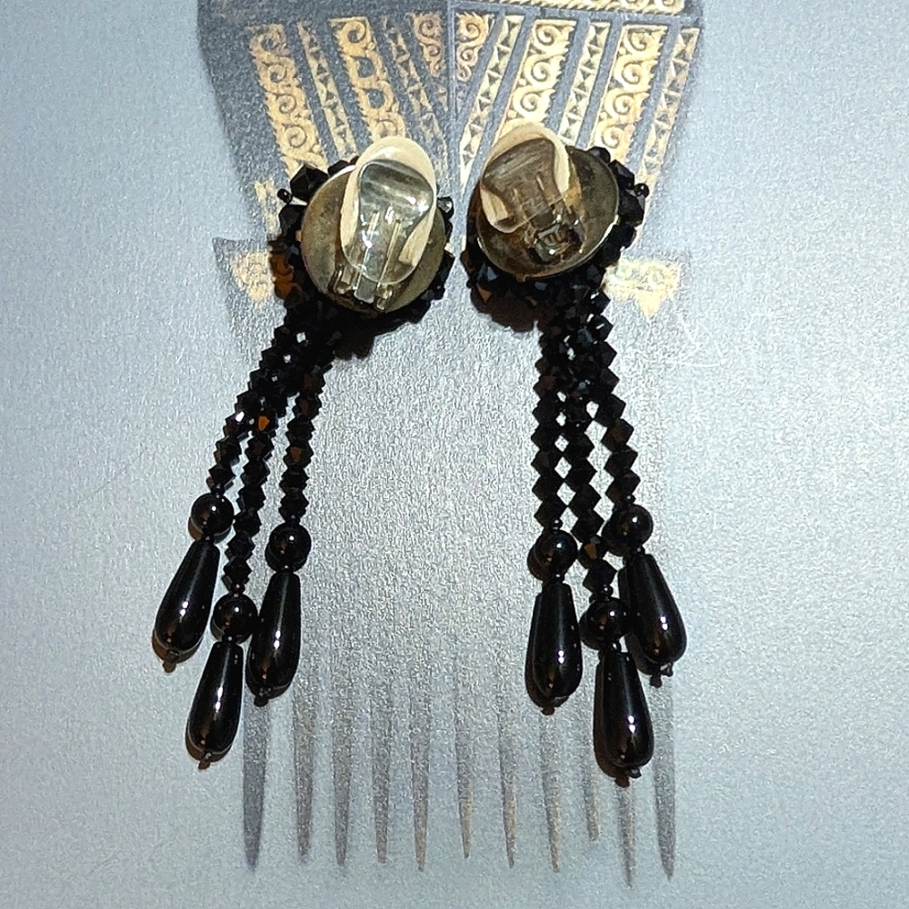 VTG French Jet Shoulder Brusher Earrings 3.5" !!! - Picture 6 of 7